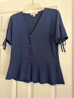 Michael Kors Navy V-Neck Peplum Blouse with Tie Sleeves